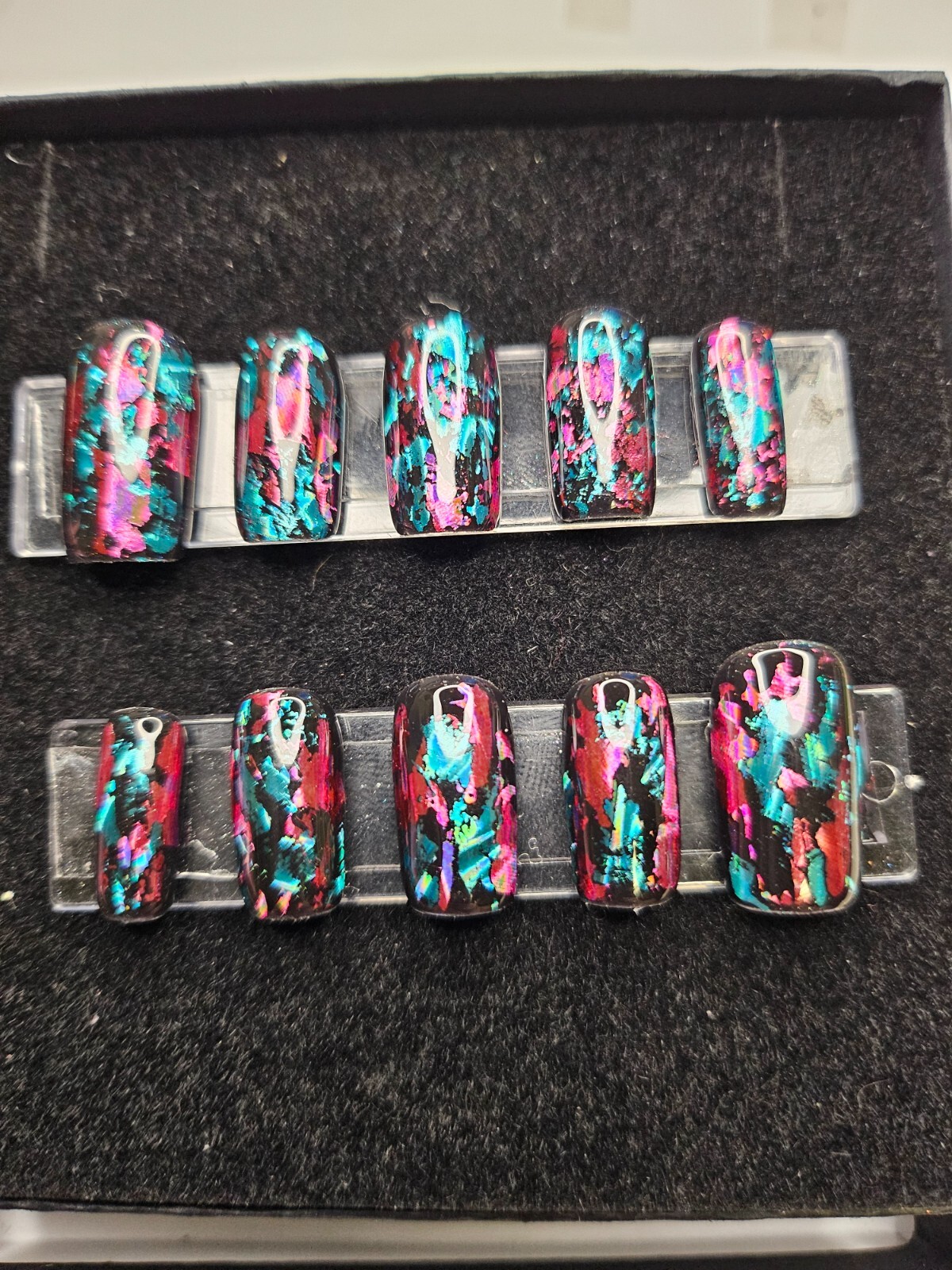 Hand Painted, Medium Square Press on nails – black w/ pink & teal foil