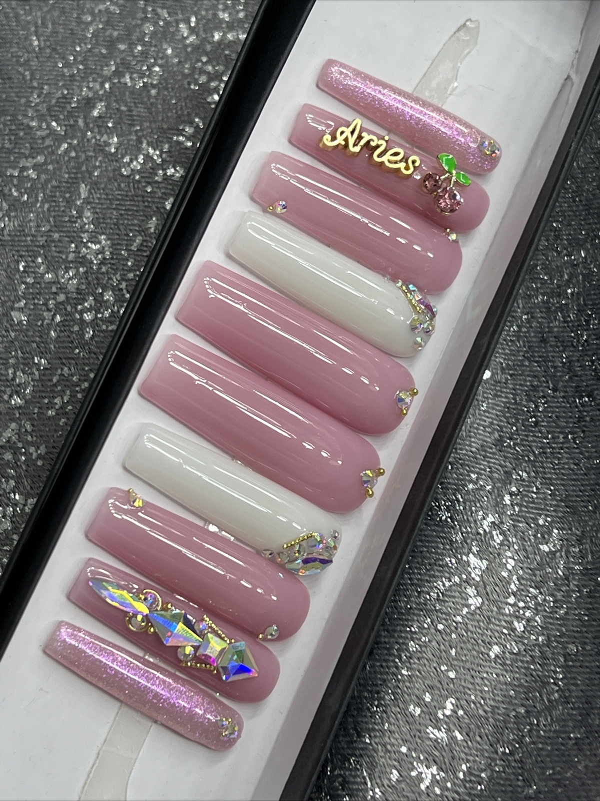 🍒 CUSTOM Gel Press On Nails, LILAC BLING ARIES , 10p FULL SET W Kit LONG SQUARE