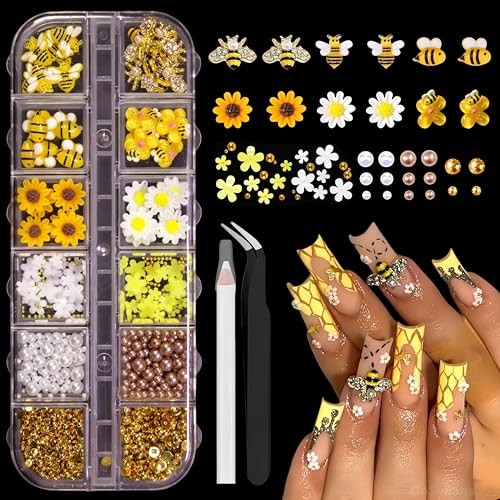 12 Grids Tiny Bee Nail Art Charms Resin Cartoon Daisy Flower Nail Gems yellow