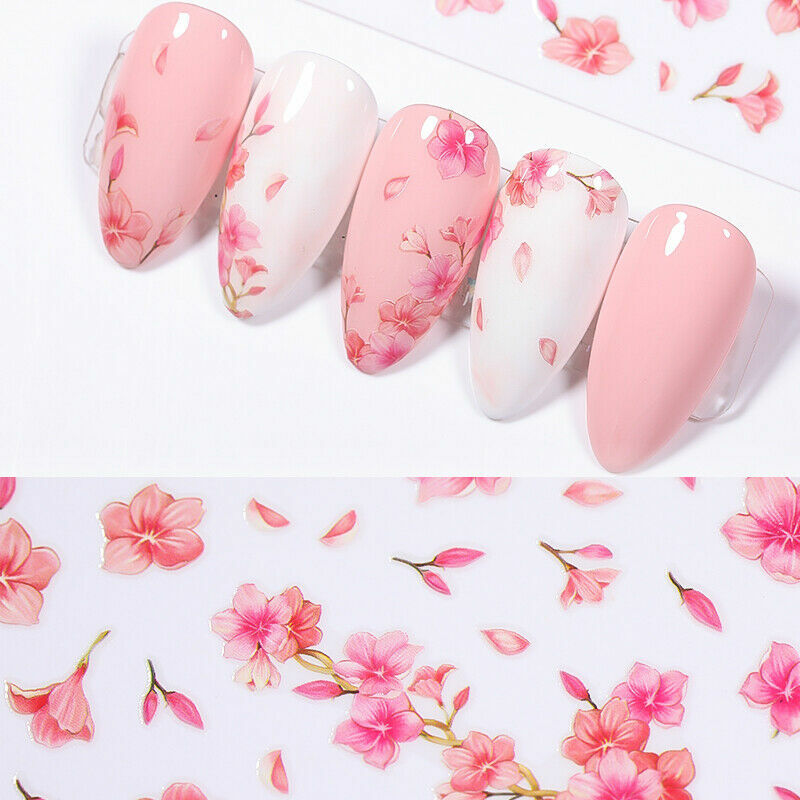 Nail Art Water Transfer Sticker Pink Flower Blossom Leaves Floral Decal Manicure