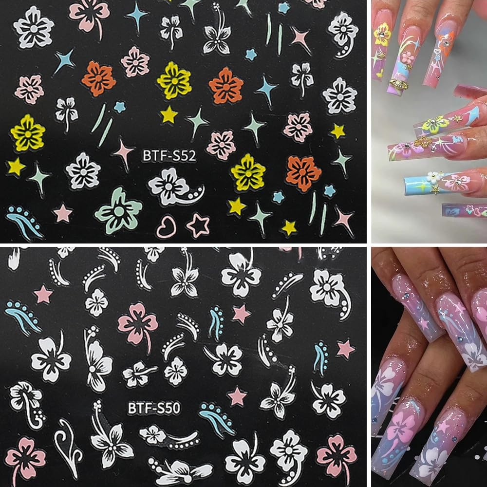 Flower Nail Stickers, Hibiscus Decals 3D Self-Adhesive