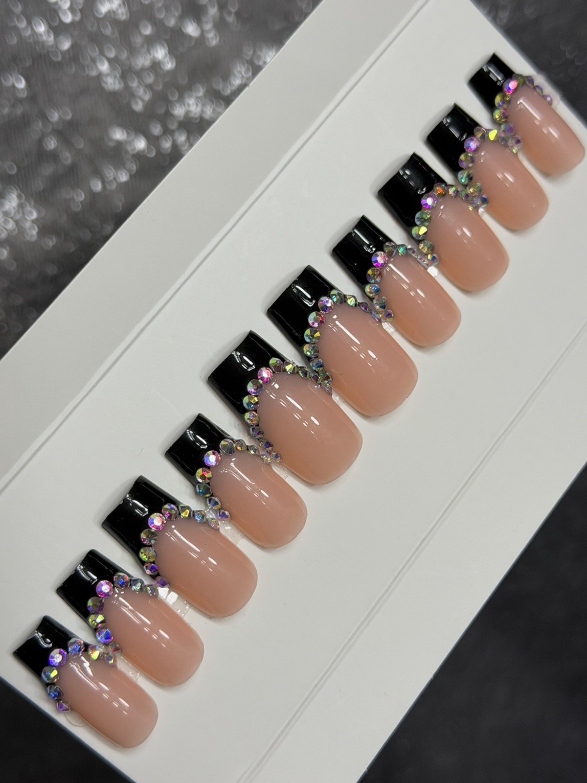 ✨ CUSTOM Press On Nails FRENCH BLACK BLING 10p SET W Kit Size M