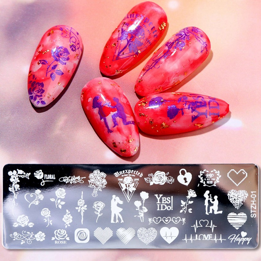 Heart Rose Flower Valentine’s Day Metal Nail Stamping Plates Electrocardiogram
