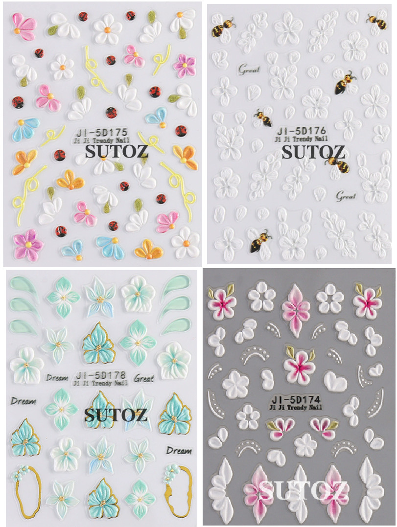 3D Daisy Bee Flower Embossed Lily Hibiscus Floral Nail Art Stickers Decor NH29