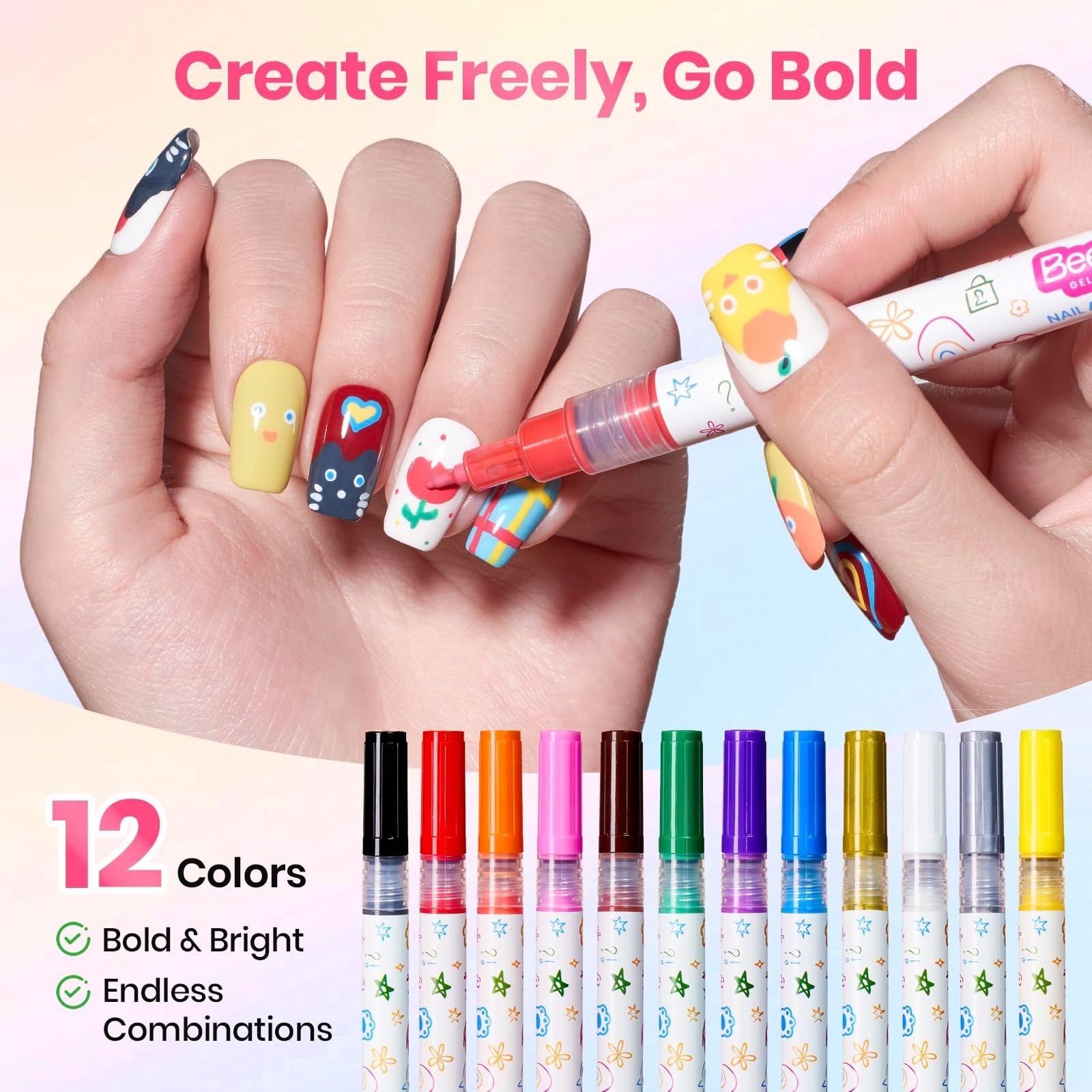 12 Colors Nail Art Pens – 0.5mm Fine Line Quick Drying Acrylic Paint Markers for