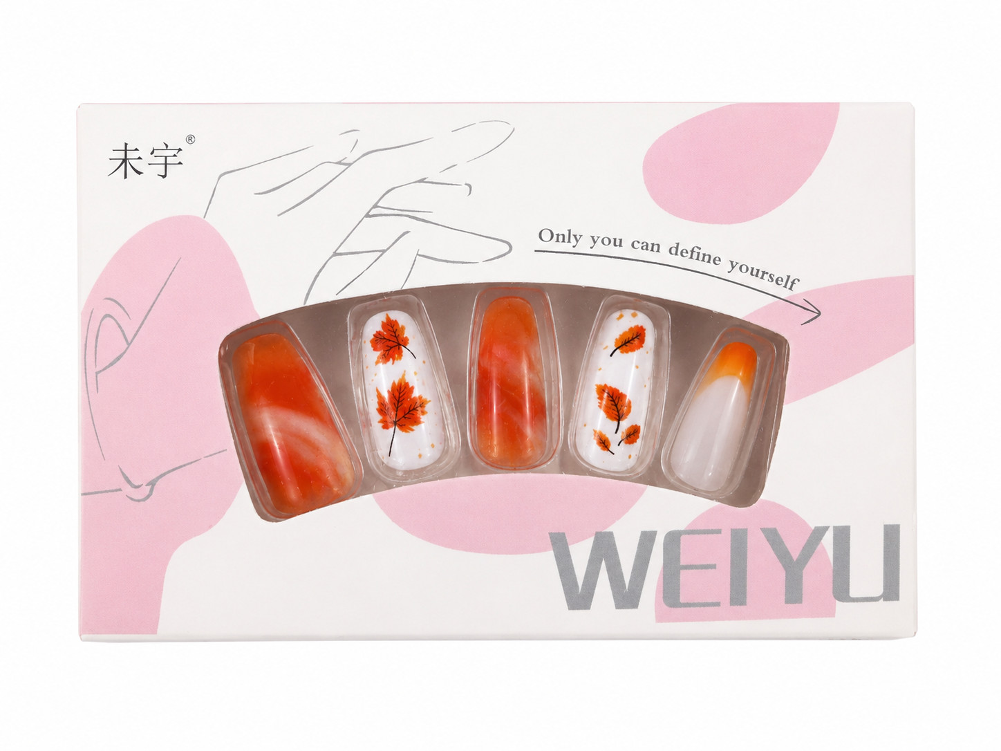 30PCS Fall Maple Leaf Press On Nails Almond Orange White Autumn Fake Nails Set