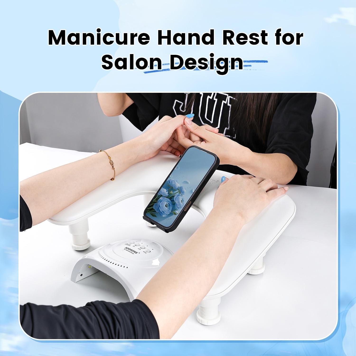 U-Shaped White Manicure Arm Rest with 360° Phone Holder & Adjustable Design for