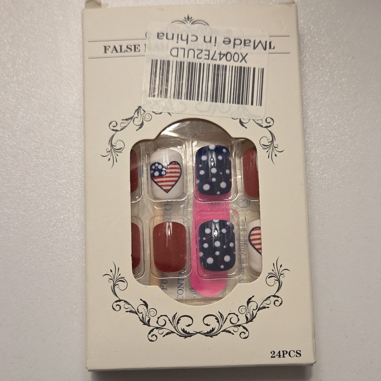 Press-On Nails, Shiny American Flag Heart, Square, 24PCS, X0047ZULD
