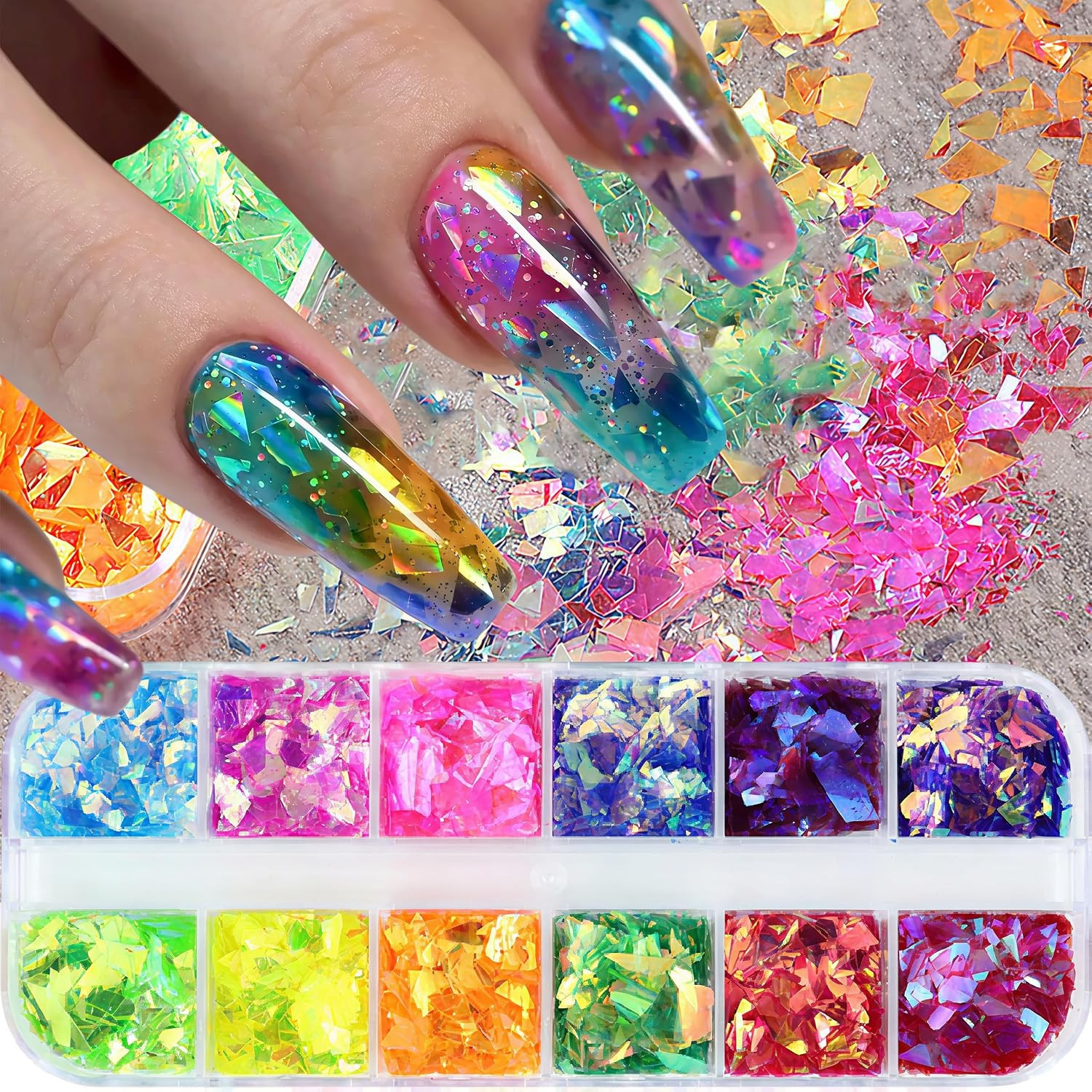 12Grids Holographic Mermaid Colorful Nail Art Glitter,Irregular Rainbow Candy Co