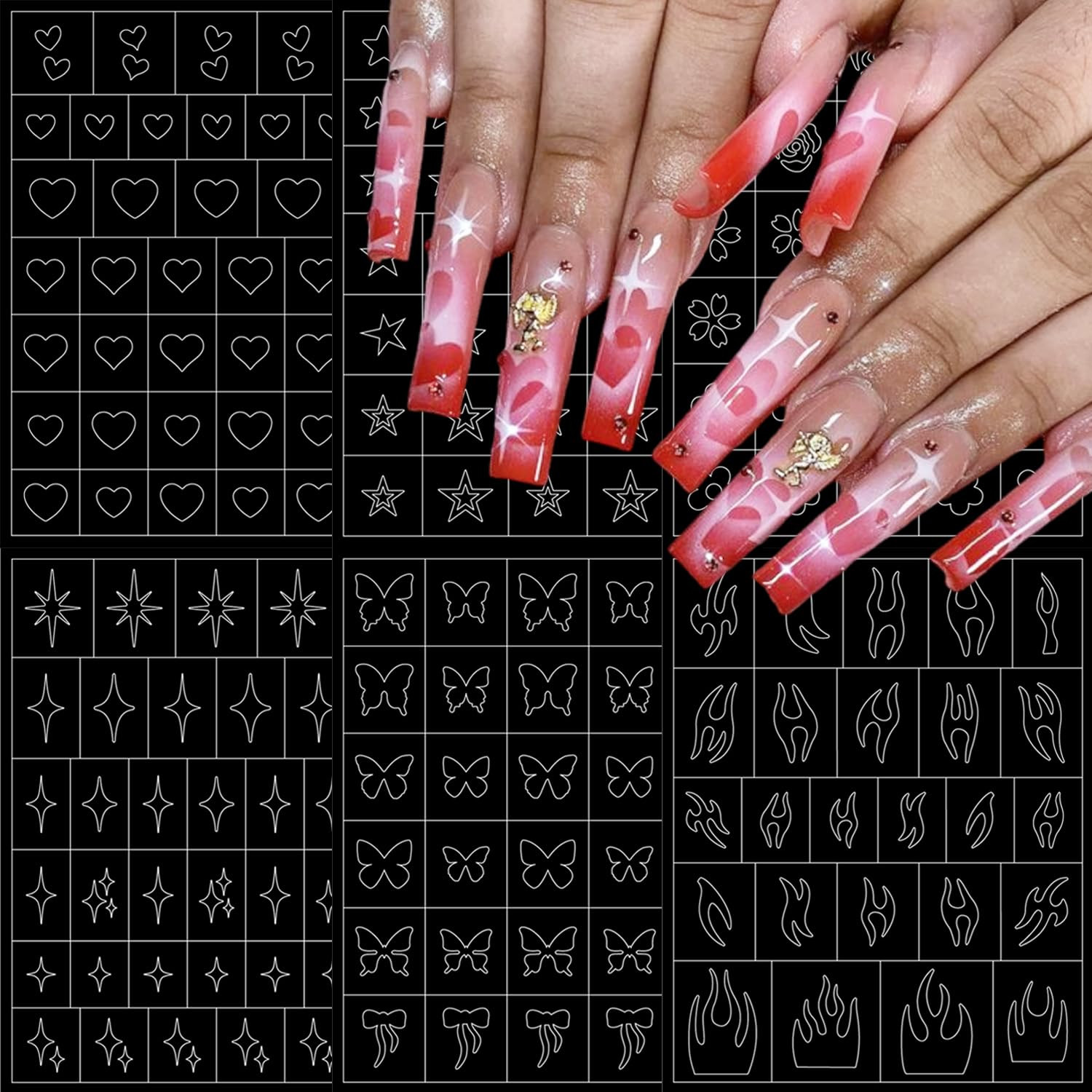 6 Sheets Airbrush Nail Stencils Heart Butterfly Flowers Flame Star Nail Art S…