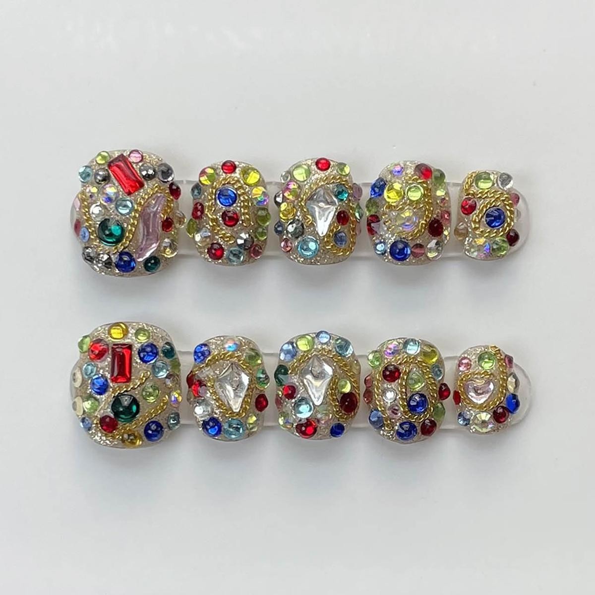 Handmade Colorful Full Stone Press On Nails Short Square Shimmery False Nails