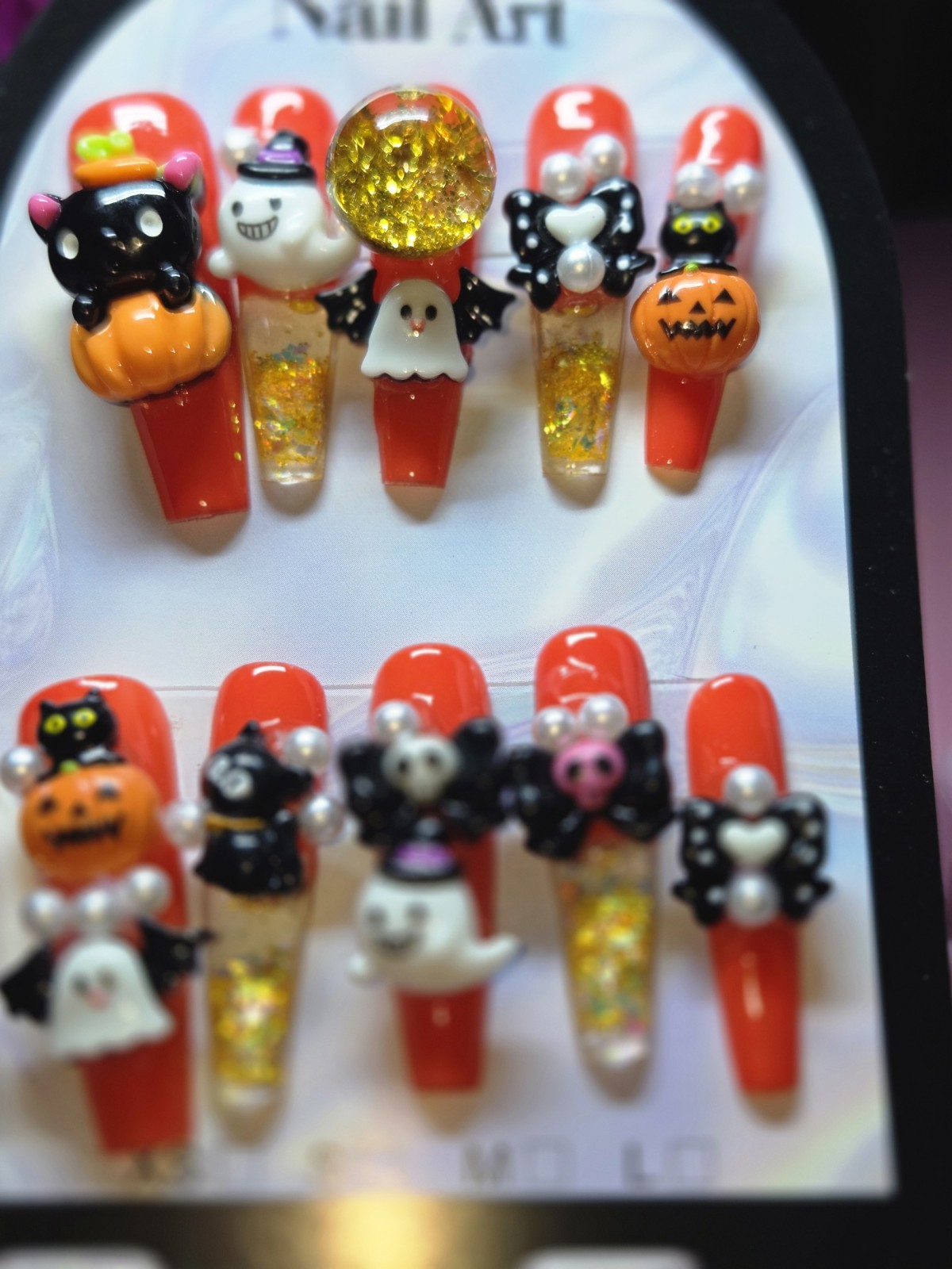 Press On Nails Handmade Medium, Orange,halloween, Snowglobe, Water Aqua Nails