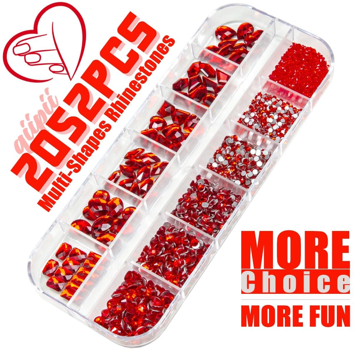 2052Pcs Nail Art Rhinestones Multi Shapes Crystal Flatback A Set Red