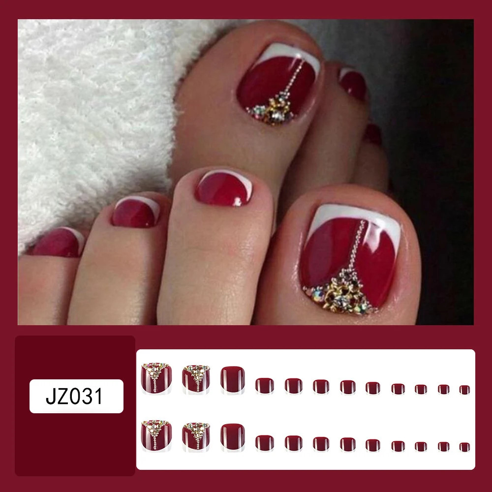 24pcs Retro Red French False Toenails Gold Crystal Square Full Cover