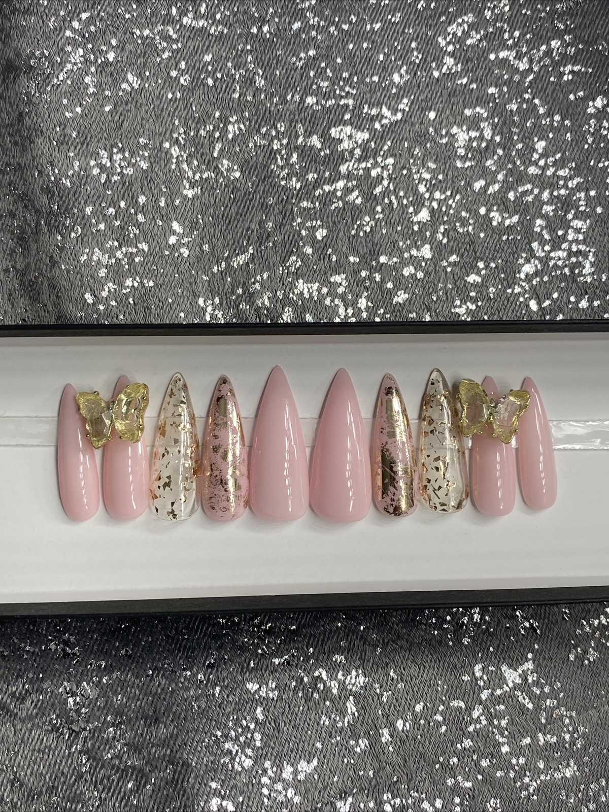 🔥 CUSTOM Gel Press On Nails, PINK W BLING , Stiletto Long, 10p Set W/ KIT NEW