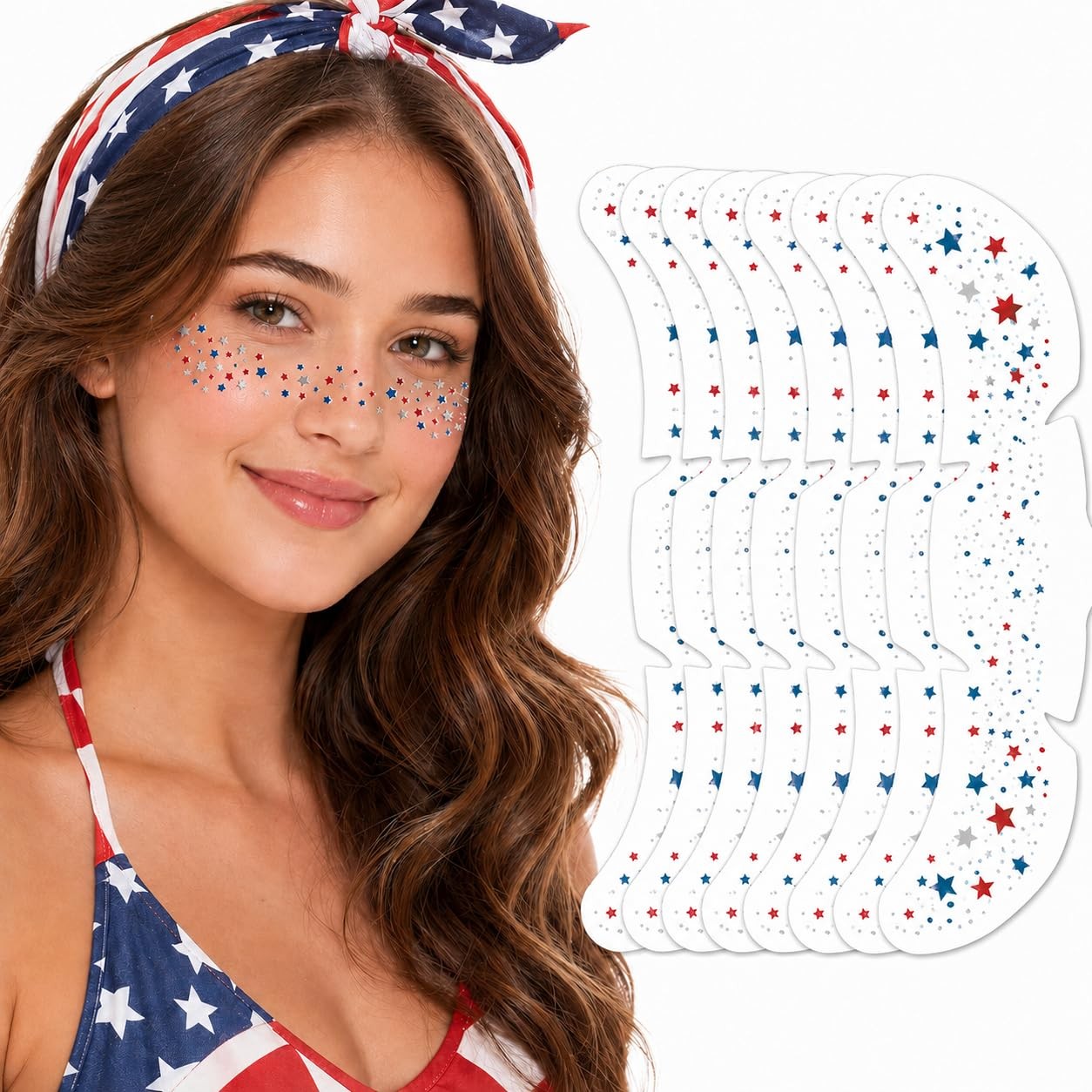 8 Pcs Red White Blue Star Freckle Stickers with Silver Glitter Powder for Face,