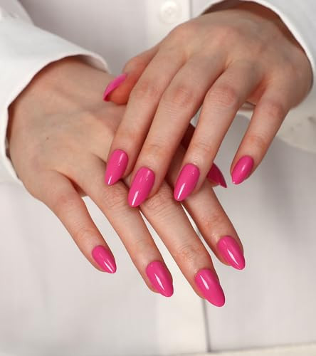 30Pcs Hot Pink Press on Nails Almond, Short Fake Nails Glossy Acrylic False