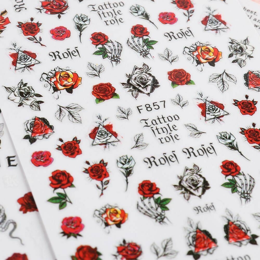 3D Nail Stickers Red Flower Leaves Self-Adhesive Slider Letters Decal F857 NS3