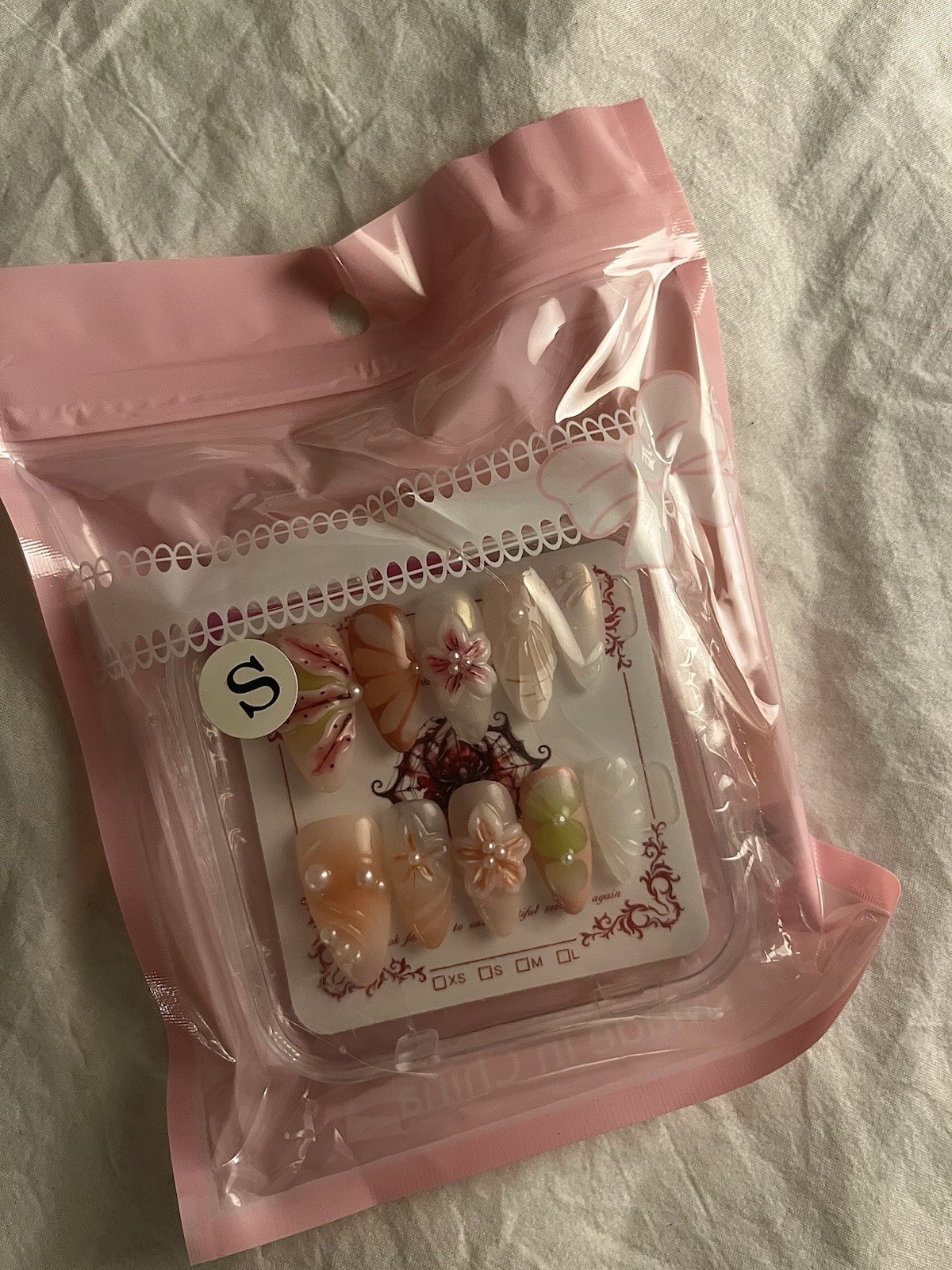Floral 3D Almond Press-On Nails Set, Medium Pre-Designed White Nude Pink Green