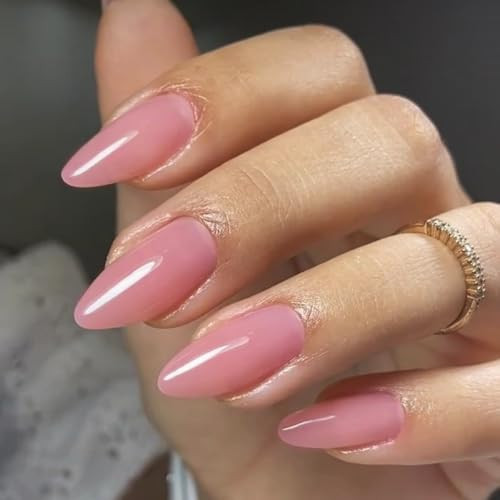 Press on Nails Medium Almond Stiletto Gel Fake Nails Medium Glossy Dark Pink