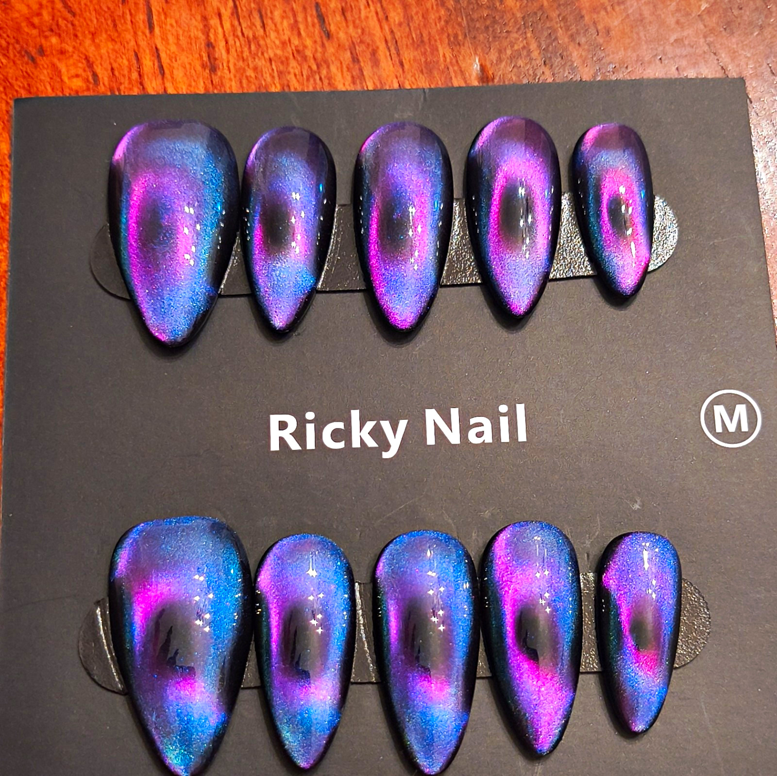 Ricky Nail Press-On Nails Medium Almond Purple Black Shimmer Pre-Designed