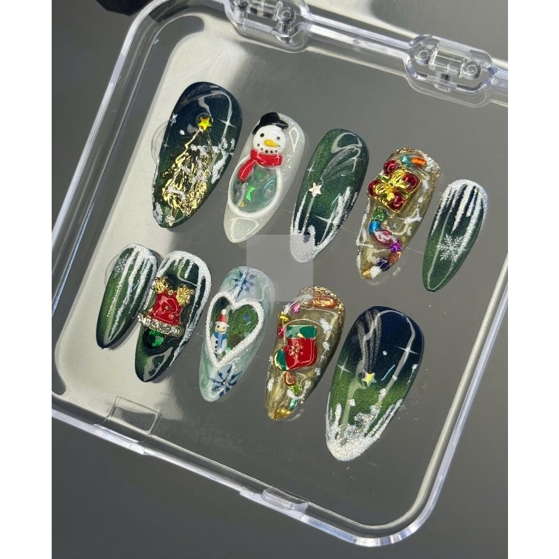 Christmas Handmade Press on Nails Snowman Tree Snowflake Glitter Fake Nails