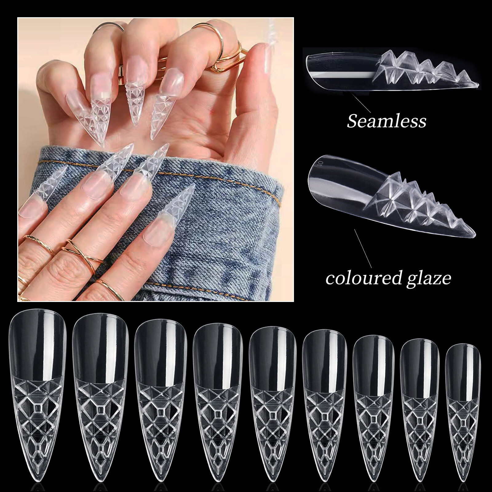 120 Pcs Clear Fiberglass mosaic Design False Nail Art Tips UV Gel Acrylic Nails