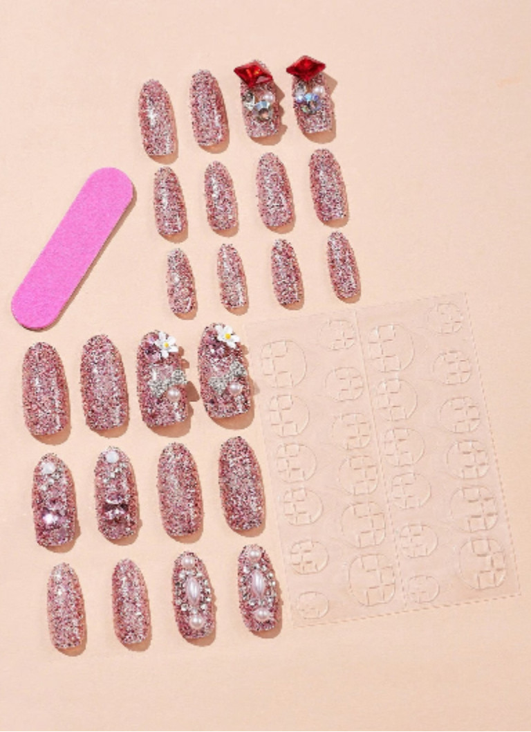 Pink Rhinestones glitter pearl Press On Nails NEW Spring fashion Valentine’s Day