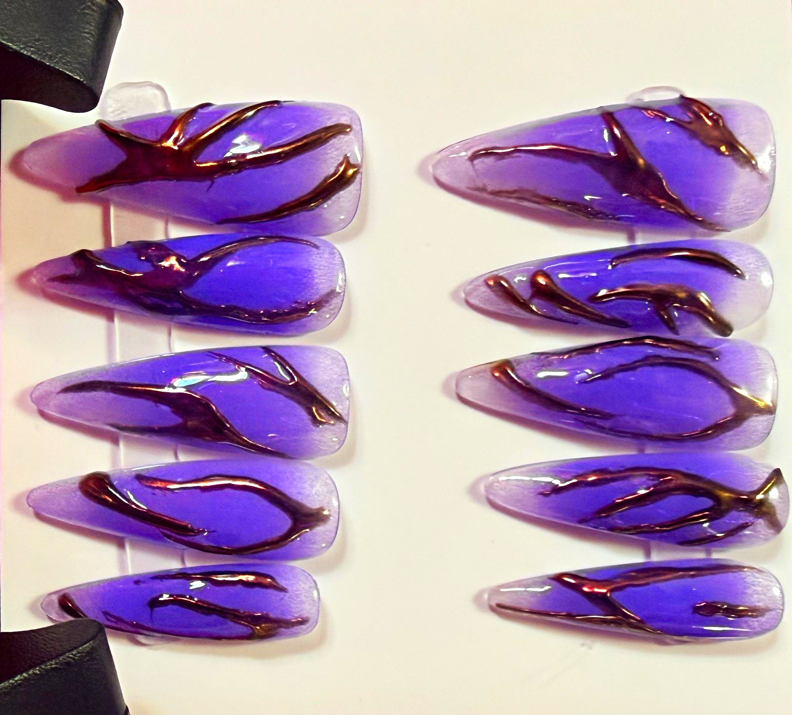 Purple Gradient Metallic Swirl Stiletto Press-On Nails, Long Shiny Full Cover