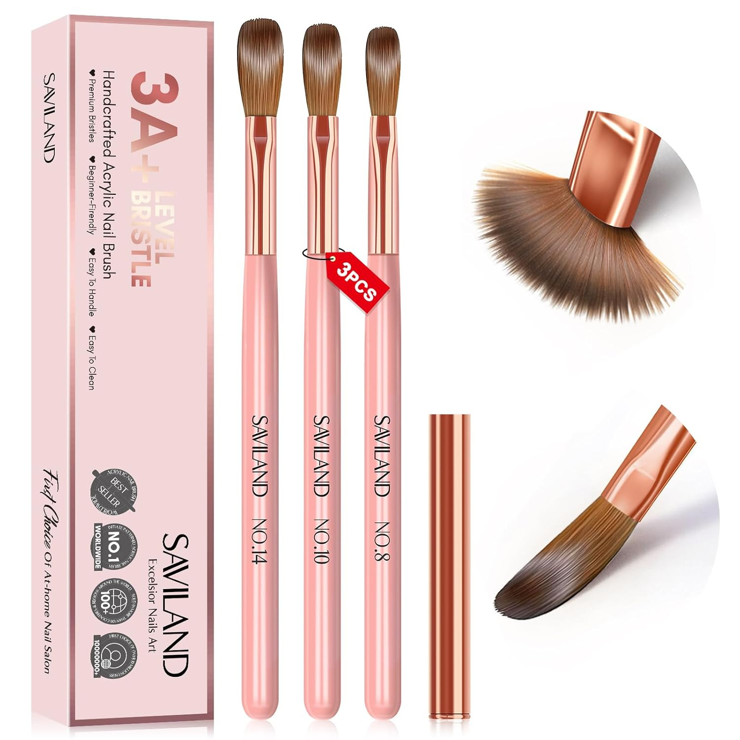 3PCS Acrylic Nail Brush Set Size 8/10/14 Pink Handle | Brushes