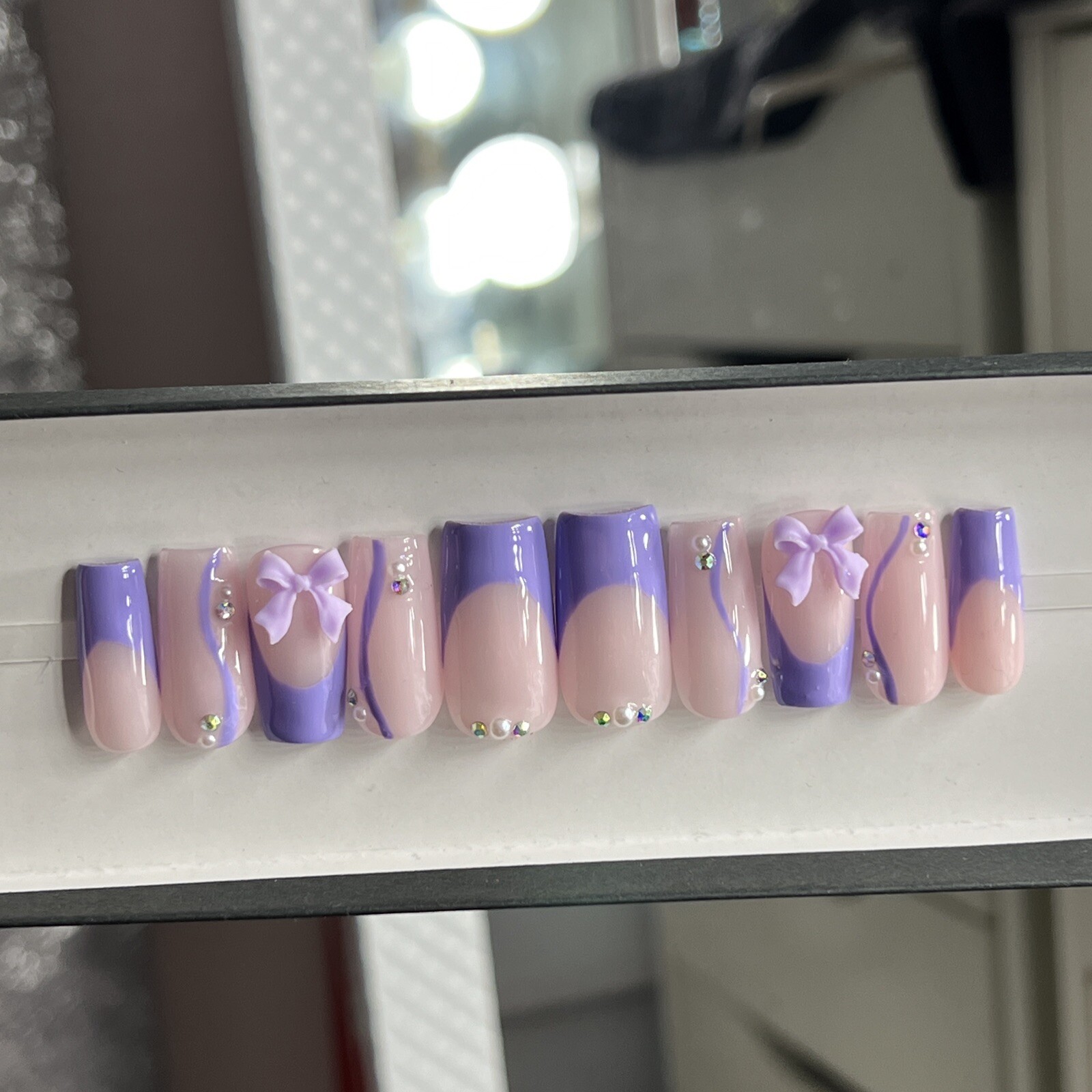 💜 CUSTOM Press On Nails FRENCH PURPLE W BOW PEARLS BLING 10p SET W Kit