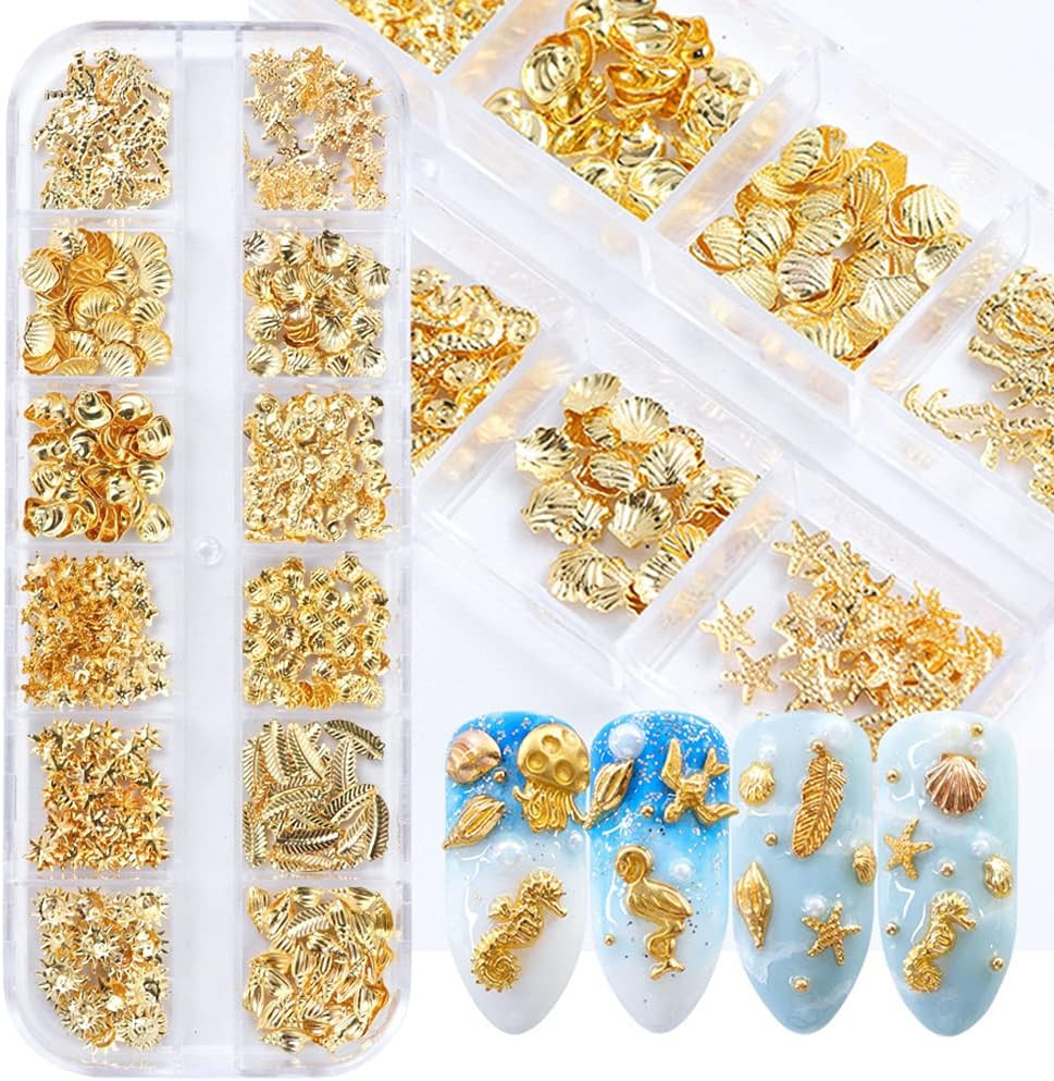3D Metal Nail Decals – 12 Shapes, Holographic Glitters & Sequins Gold Art Suppli
