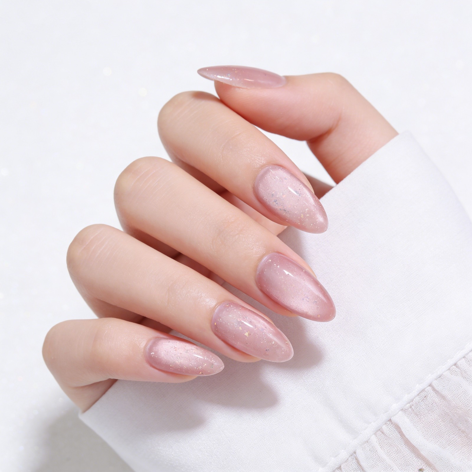 Sakura Pink Cat Eye Almond Press On Nails – Gold Foil Glitter Bridal False Nails