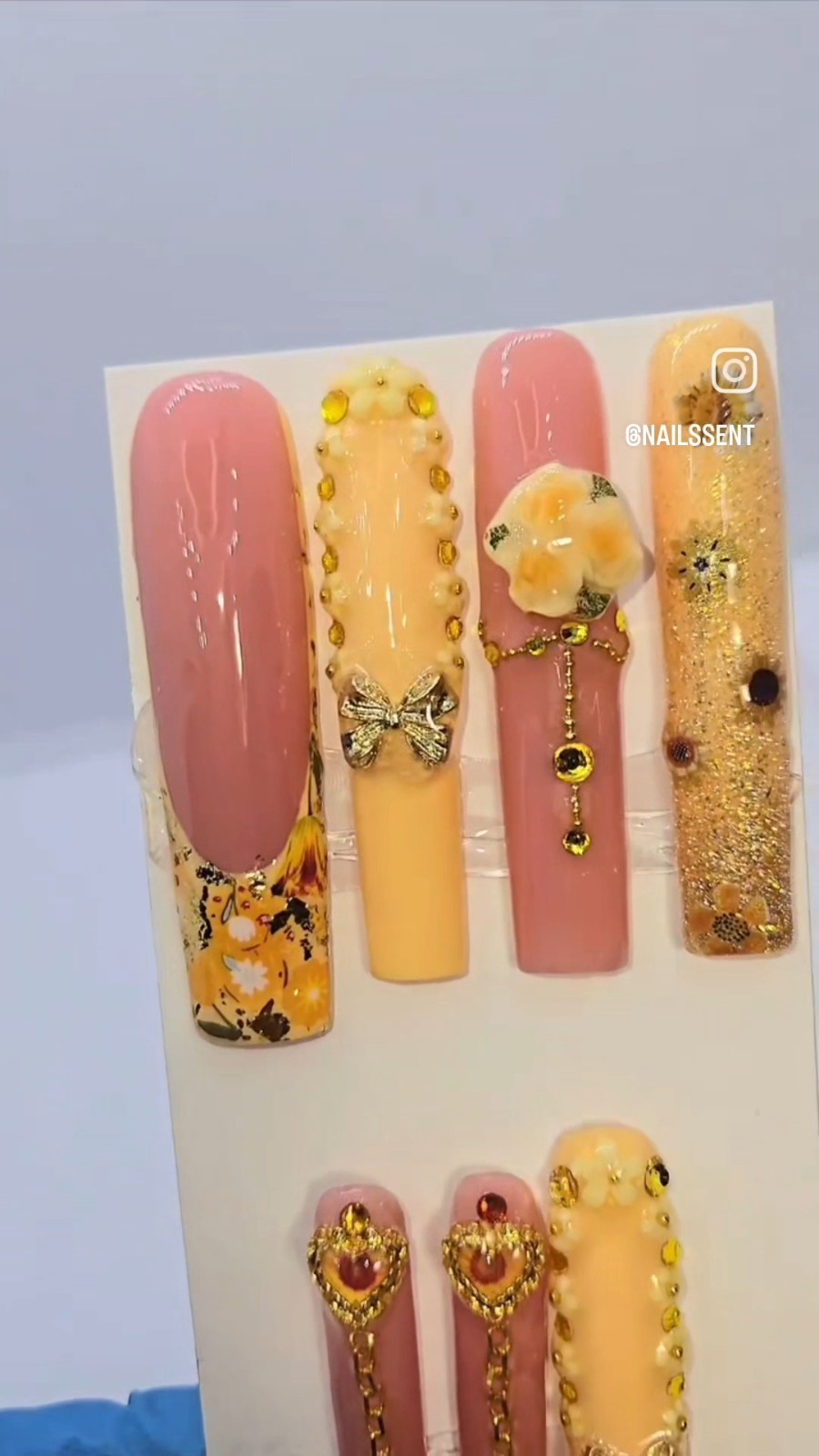 HANDMADE YELLOW PRESS ON NAILS 3XL SQUARE FRENCH PROM WEDDING FLORAL W/KIT