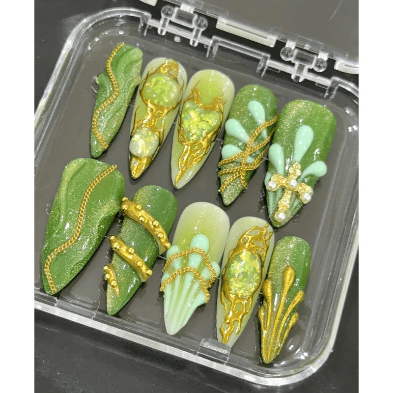 Chain Cross Handmade Press on Nails Opal Pearl Green Sheer Gloss Fake Nails