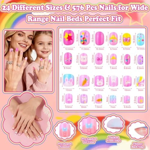 576 Pcs Kids Press-On Nail Art Kit with Glue & Storage Case, Cute Gift for Ages