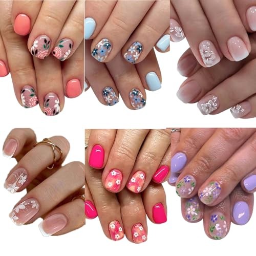 144 Pcs Flower Press on Nails Short Square Fake Nails Spring Medium Style-2