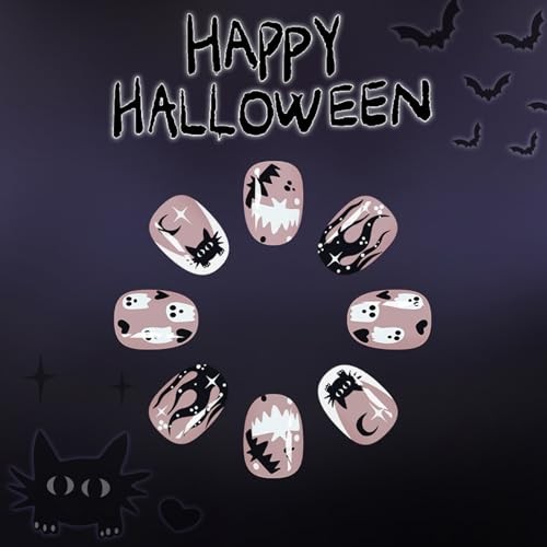 Halloween Press on Nails Short Oval Fake Nails White French Halloween Nails-8