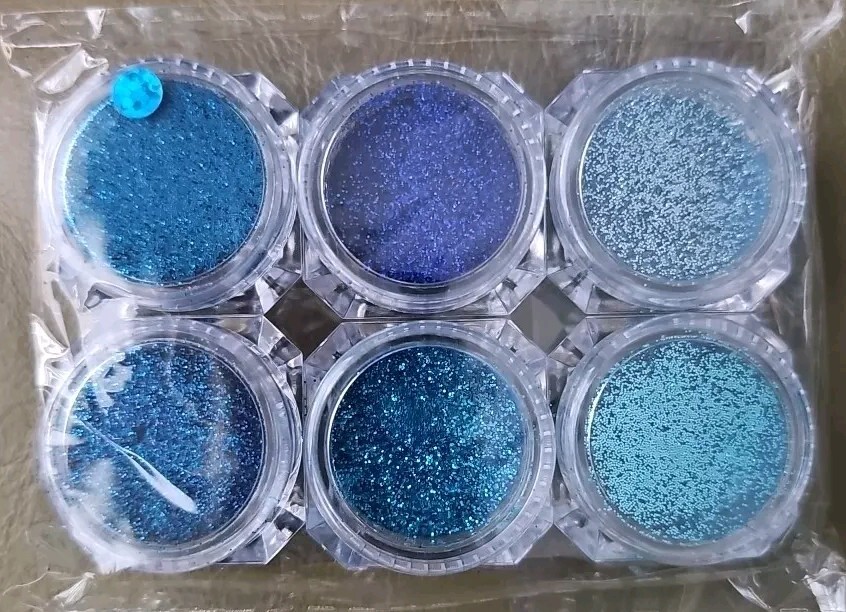6pcs Cool Blue Ocean Glitter Nail Powder Set – Sparkling Sugar Sequins, Crystal