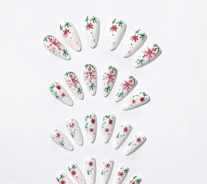 24 Pc Snow White Christmas Snowflake Red Green Medium Stiletto Press On Nails