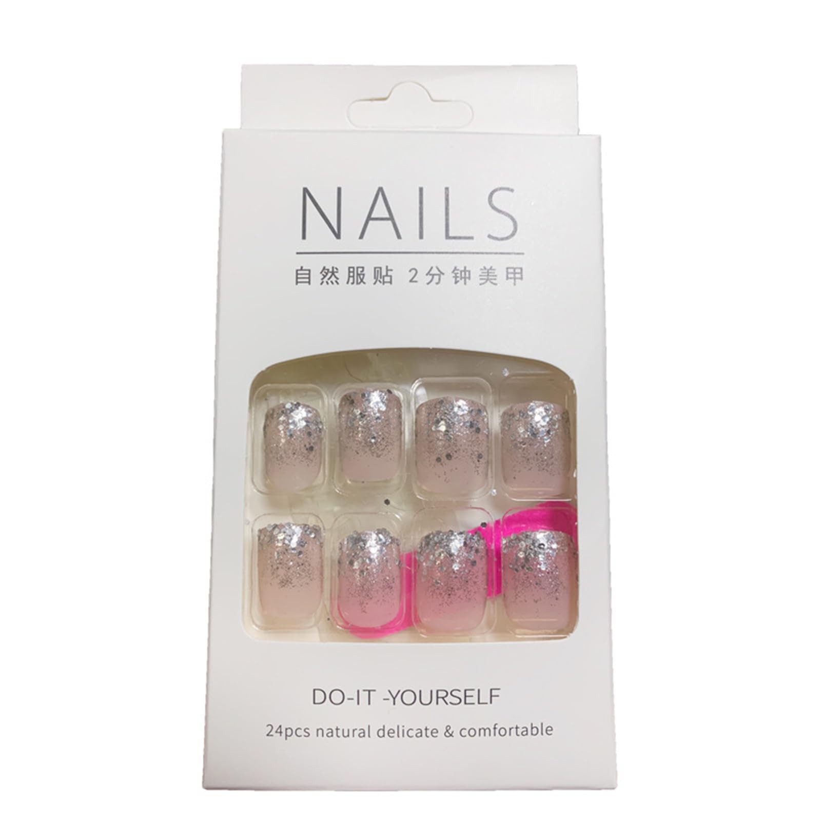 24Pcs Glitter Silver French Press on Nails Short Square Fake Multicolor