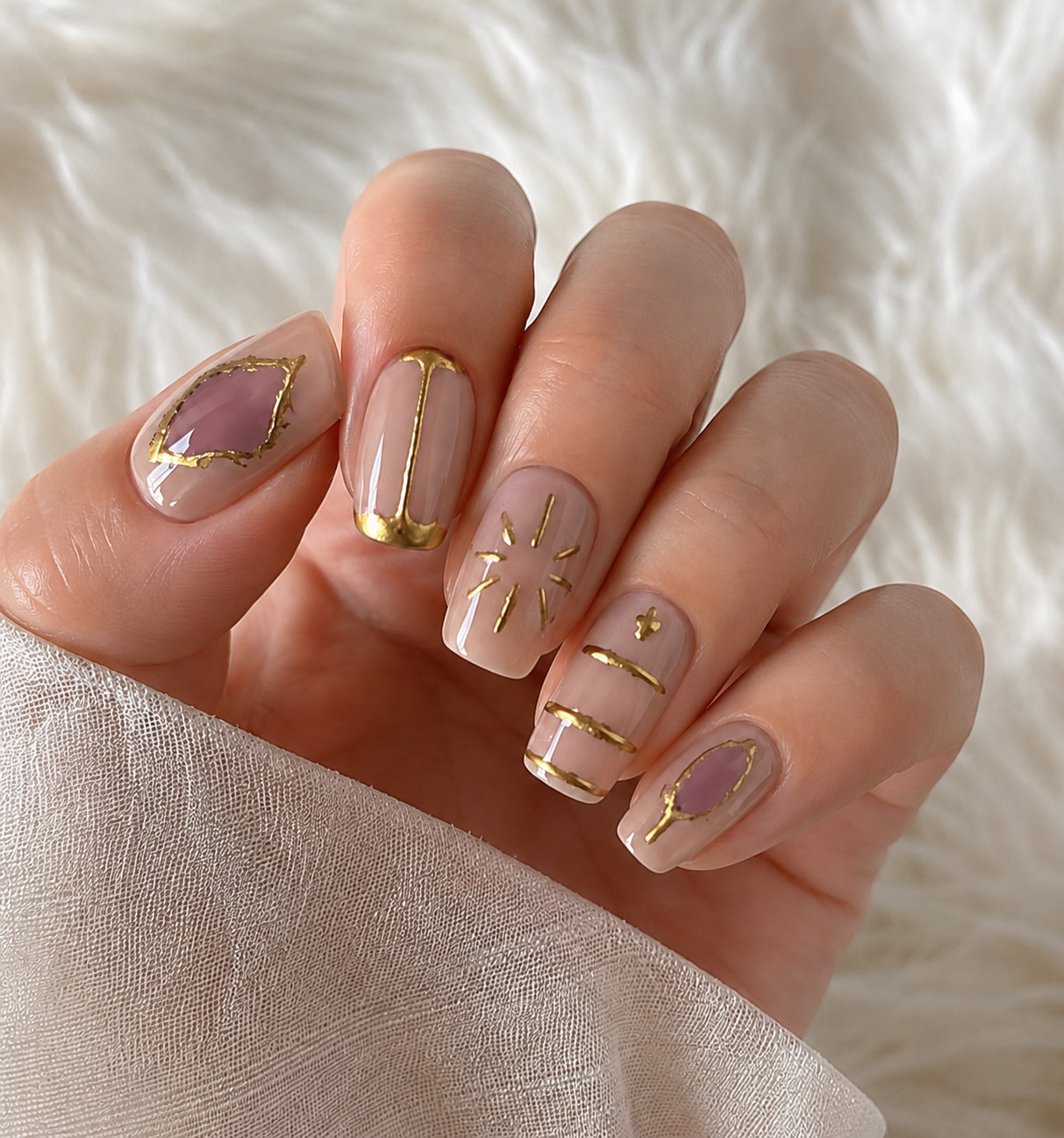 Glossy Nude Taupe Press On Nails | Square Gold Minimalist Nail Set – Extra Small