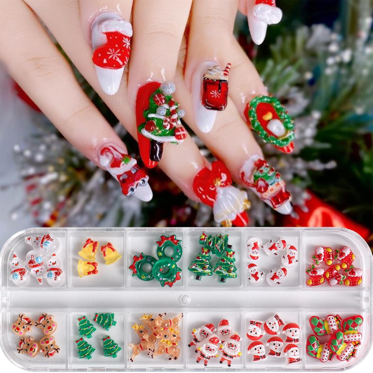 1Box Christmas Nail Art Charms Snowman Reindeer Bell Santa Resin Nail Charms 3D