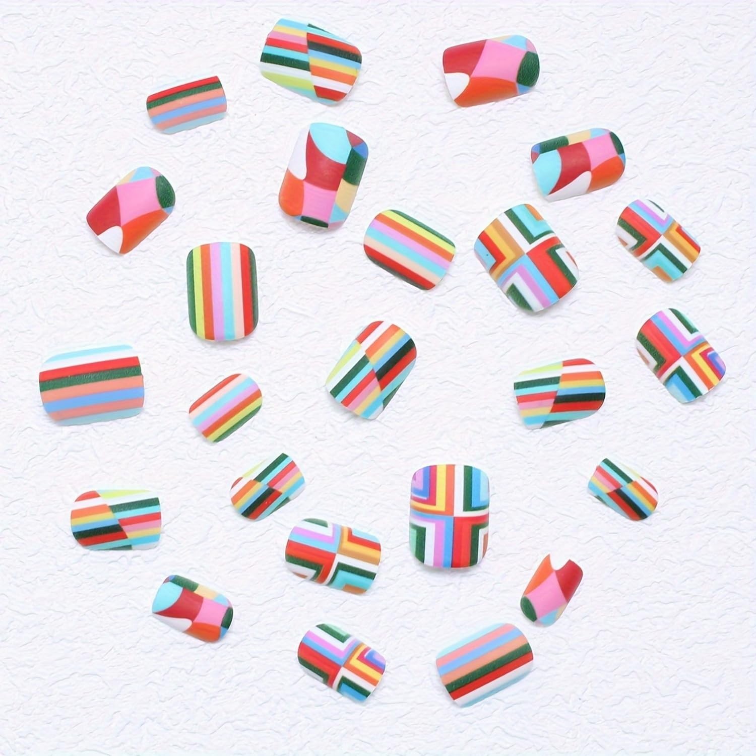 24 Pcs Press on Nails Short Rainbow Fake Nails Square False Nails Style 8
