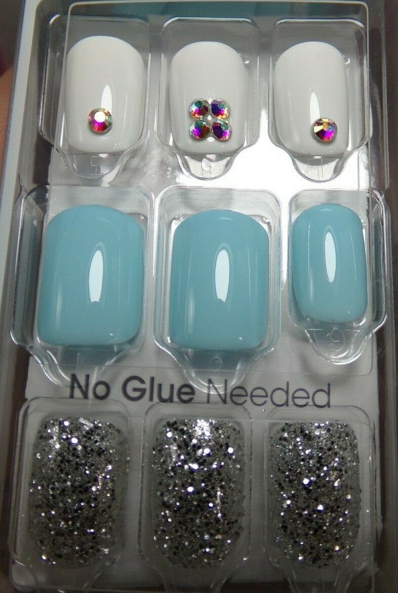 KISS IMPRESS NAILS PRESS ON SHORT Mint Blue , White, Silver Glitter ultra fit