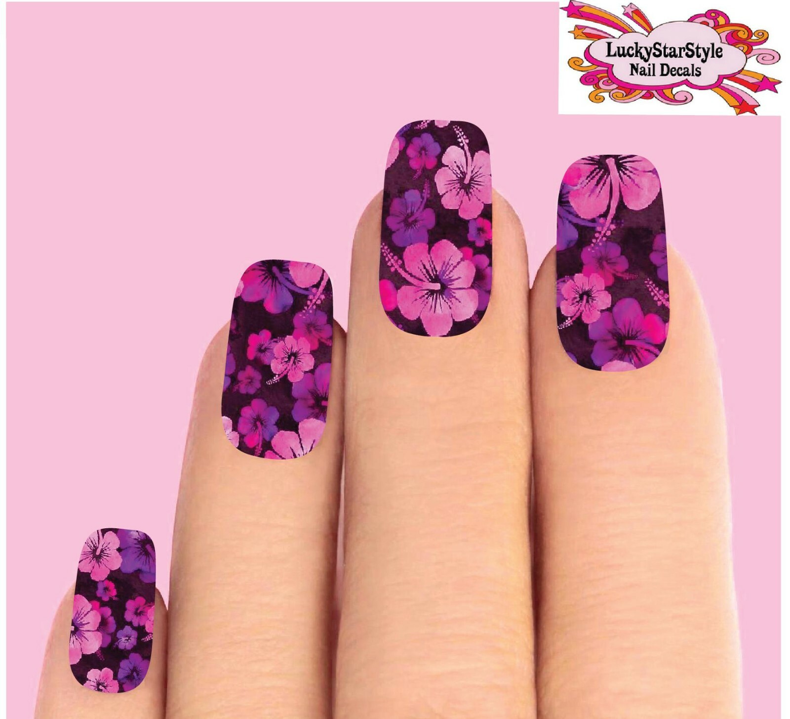 Waterslide Full Nail Decals Set of 10 – Pink Purple Hawaiian Hibiscus Flowers