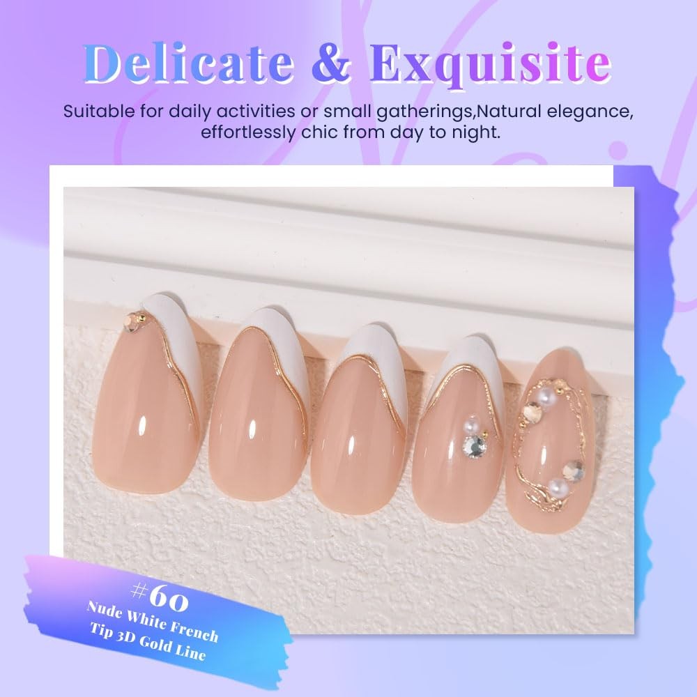 evpct Short Almond Nude White French Tip Gold Line
