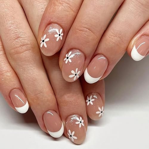 Flower Press on Nails Short Oval SWEKKE White French Tip Fake Almond Nails30