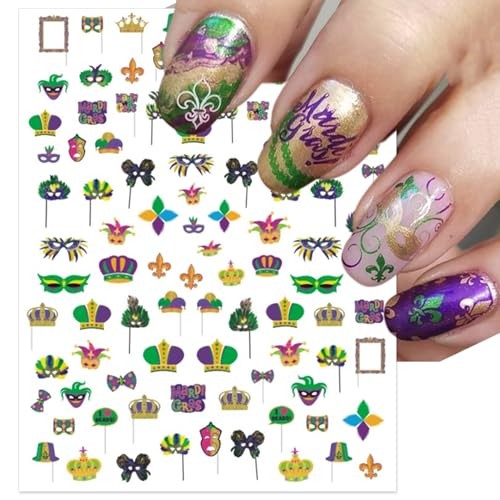 Mardi Gras Nail Art Stickers – 3D Masks, Beads, Fleur-de-Lis, 3D Masks