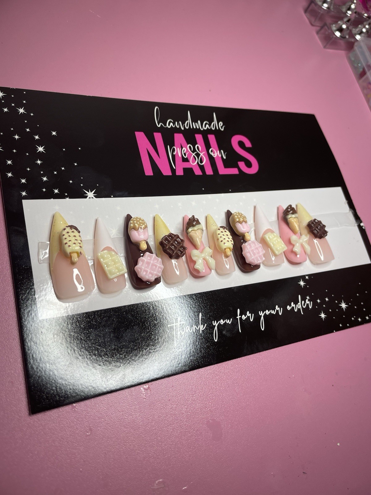 Pink Nude Brown White 3D Ice Cream Press-On Nails Long Stiletto Full Cover Set